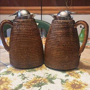 Set of Two Woven Carafes with Silver Tops